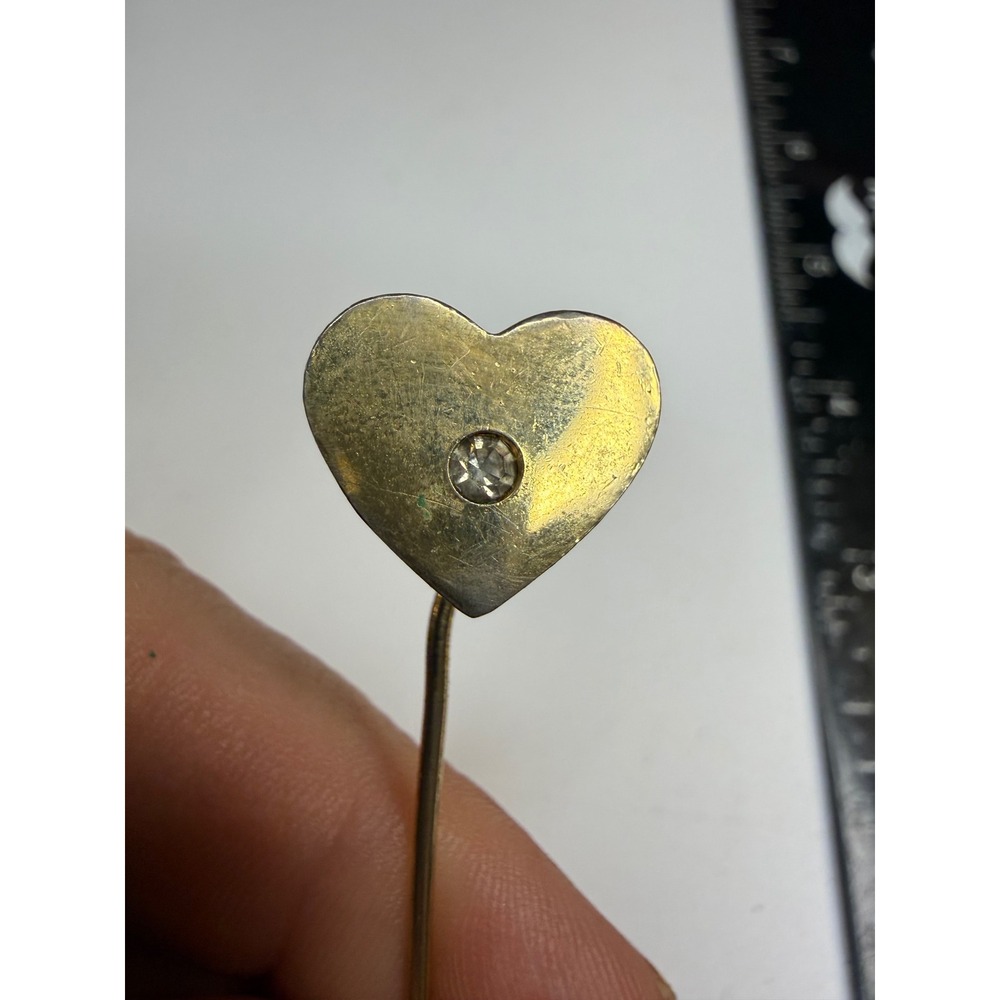 Antique Gold Tone Heart Stick Pin Rhinestone Accent Lapel Scarf Pin 2.5 Inch